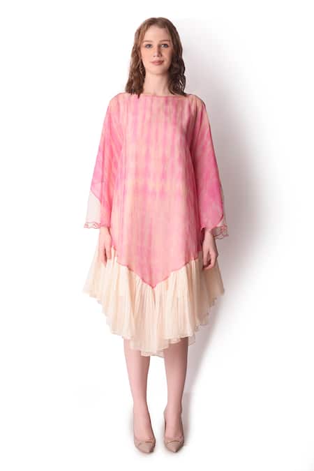 Shop_Shwetanga_Pink Organza Tie Dye Boat Neck Dress _Online_at_Aza_Fashions
