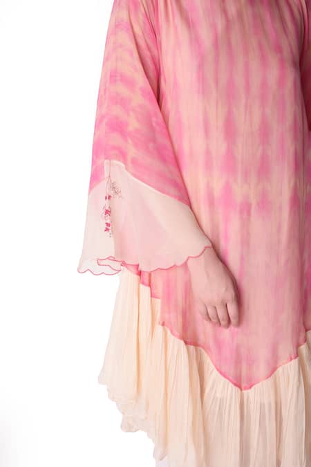 Shwetanga_Pink Organza Tie Dye Boat Neck Dress _at_Aza_Fashions