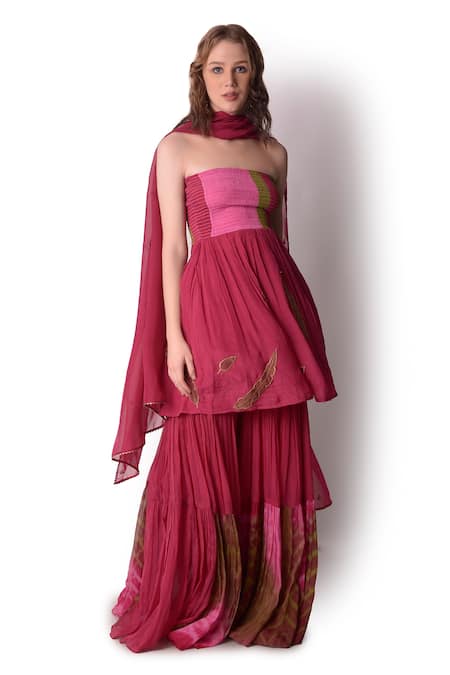 Shwetanga_Magenta Organza, Crepe Leaf Straight Embroidered Peplum Sharara Set _Online_at_Aza_Fashions