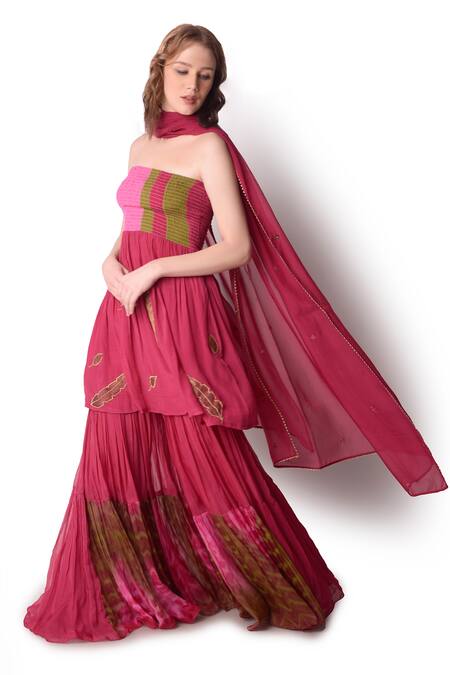 Buy_Shwetanga_Magenta Organza, Crepe Leaf Straight Embroidered Peplum Sharara Set _Online_at_Aza_Fashions