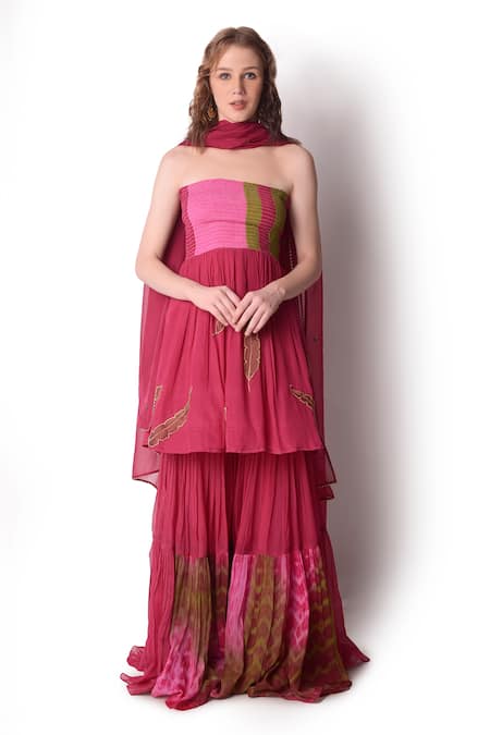 Shop_Shwetanga_Magenta Organza, Crepe Leaf Straight Embroidered Peplum Sharara Set _Online_at_Aza_Fashions