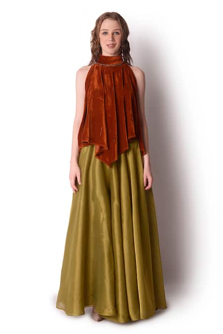 Shwetanga_Brown Tissue, Velvet Pipe, Sequin Round High Neck Top And Sharara Set _Online_at_Aza_Fashions