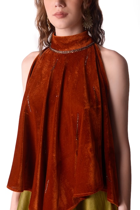 Buy_Shwetanga_Brown Tissue, Velvet Pipe, Sequin Round High Neck Top And Sharara Set _Online_at_Aza_Fashions