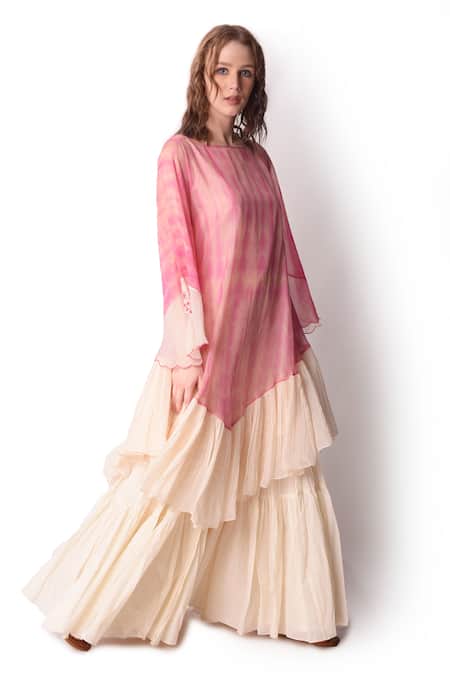 Shwetanga Pink Cotton, Organza Tie Dye Boat Neck Tunic And Sharara Set Online at Aza Fashions Shwetanga_Pink Cotton, Organza Tie Dye Boat Neck Tunic And Sharara Set _Online_at_Aza_Fashions