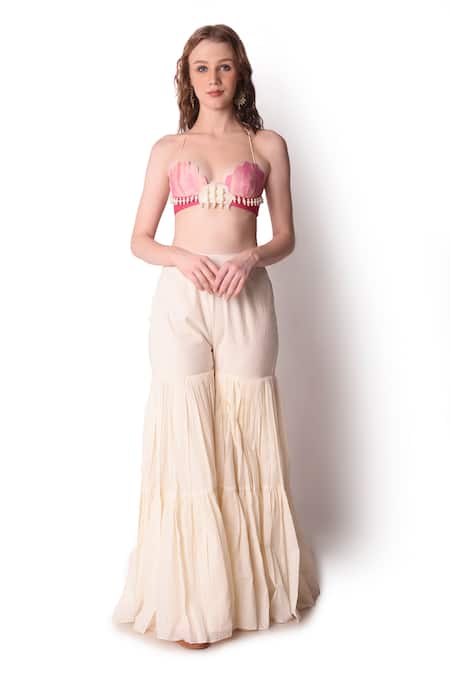 Shwetanga Ivory Cotton, Organza Pearl, Tie Dye Sharara Set With Embroidered Bustier Online at Aza Fashions Shwetanga_Ivory Cotton, Organza Pearl, Tie Dye Sharara Set With Embroidered Bustier _Online_at_Aza_Fashions