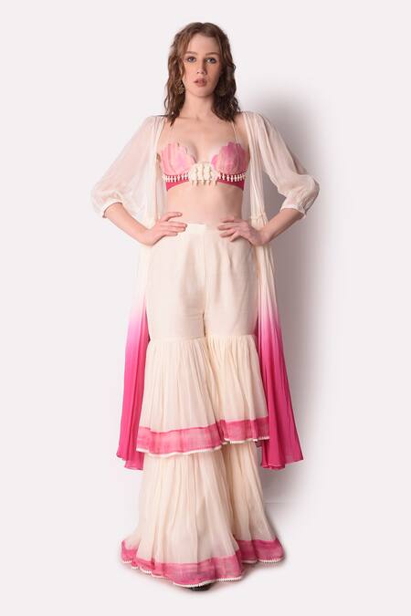 Shwetanga_Pink Organza Sequin, Tie Dye Bustier Scallop, Jacket Open Ombre Sharara Set _Online_at_Aza_Fashions