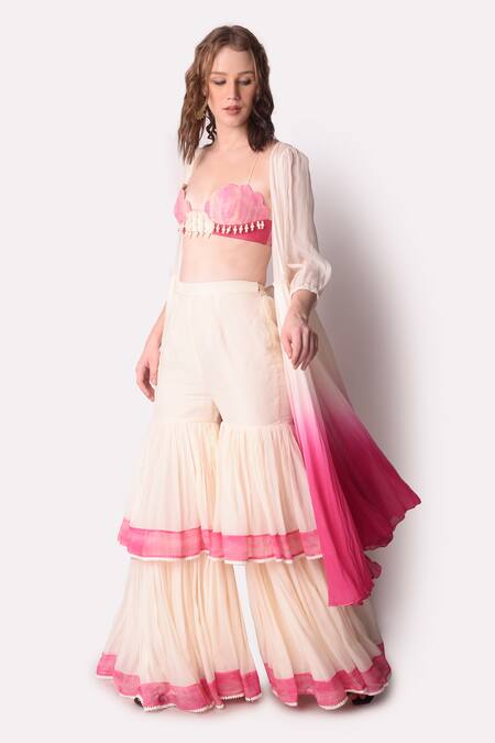 Buy_Shwetanga_Pink Organza Sequin, Tie Dye Bustier Scallop, Jacket Open Ombre Sharara Set _Online_at_Aza_Fashions