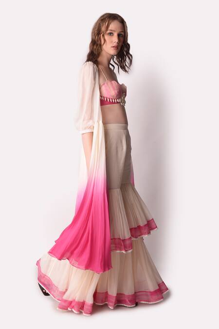 Shop_Shwetanga_Pink Organza Sequin, Tie Dye Bustier Scallop, Jacket Open Ombre Sharara Set _Online_at_Aza_Fashions