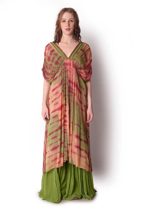 Shop_Shwetanga_Multi Color Georgette Tie Dye V Neck Tunic And Sharara Set _Online_at_Aza_Fashions
