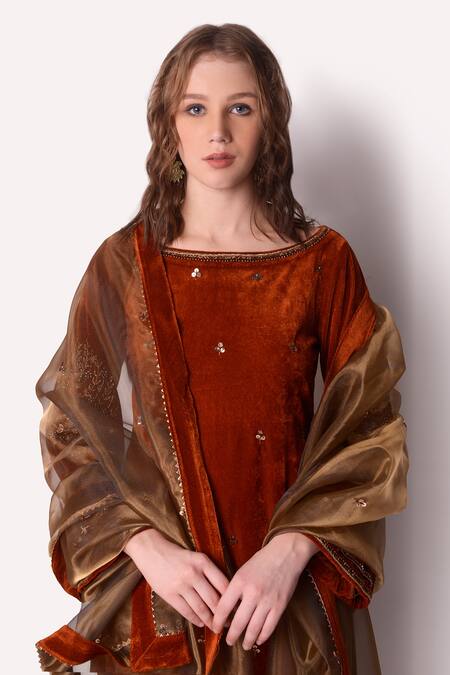 Shop_Shwetanga_Brown Tissue, Velvet Sequin, Zardozi Boat Neck Embroidered Kurta Set_Online_at_Aza_Fashions