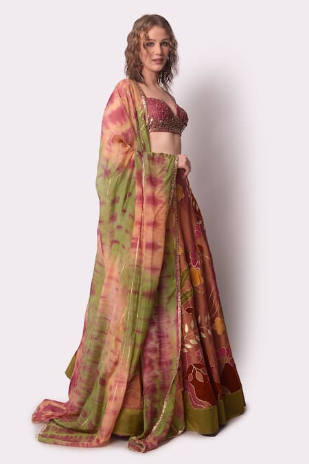 Shwetanga_Brown Tissue, Velvet Floral, Sequin, Zari Sweetheart Embroidered Lehenga Set _Online_at_Aza_Fashions