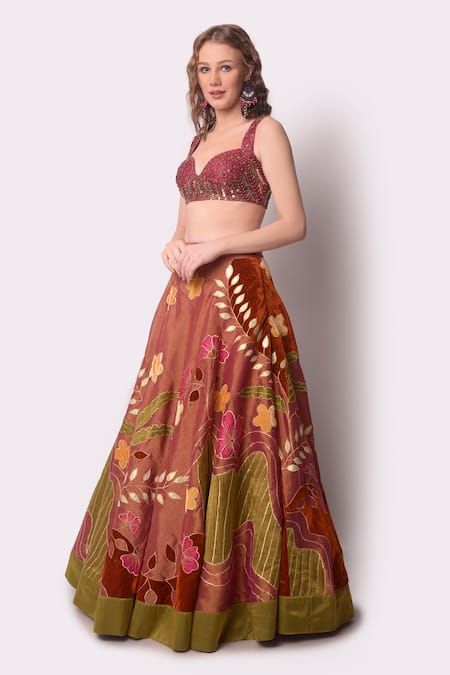 Buy_Shwetanga_Brown Tissue, Velvet Floral, Sequin, Zari Sweetheart Embroidered Lehenga Set _Online_at_Aza_Fashions