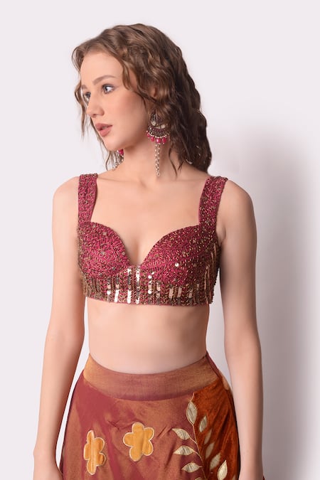 Shop_Shwetanga_Brown Tissue, Velvet Floral, Sequin, Zari Sweetheart Embroidered Lehenga Set _Online_at_Aza_Fashions