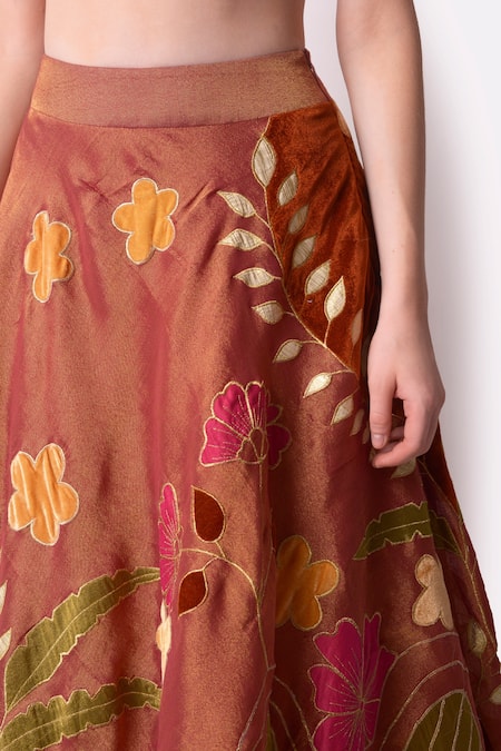 Shwetanga_Brown Tissue, Velvet Floral, Sequin, Zari Sweetheart Embroidered Lehenga Set _at_Aza_Fashions