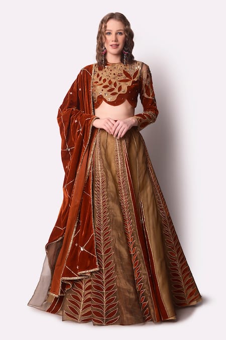 Shwetanga Brown Tissue Embroidery Leaf Round Lehenga Set 