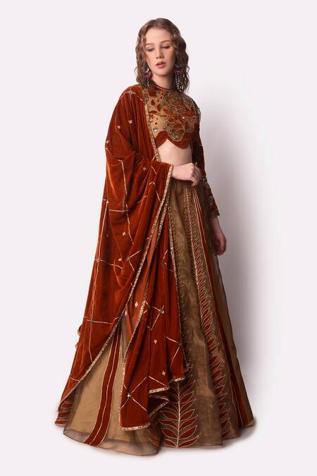 Shwetanga_Brown Tissue, Velvet Leaf, Sequin, Zari Round Embroidered Lehenga Set _Online_at_Aza_Fashions
