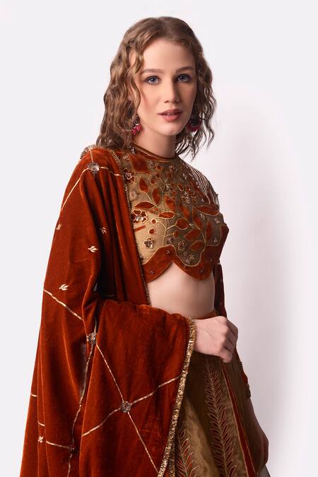 Shop_Shwetanga_Brown Tissue, Velvet Leaf, Sequin, Zari Round Embroidered Lehenga Set _Online_at_Aza_Fashions