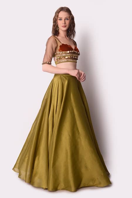 Shwetanga_Green Tissue, Velvet Sequin, Shell Scallop Lehenga Set With Embellished Blouse _Online_at_Aza_Fashions