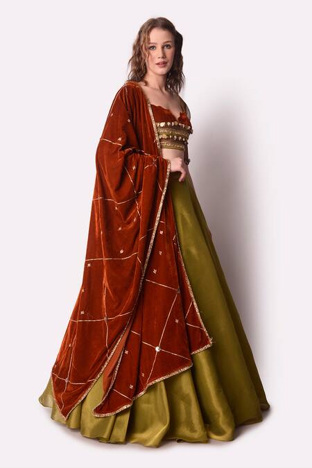 Buy_Shwetanga_Green Tissue, Velvet Sequin, Shell Scallop Lehenga Set With Embellished Blouse _Online_at_Aza_Fashions