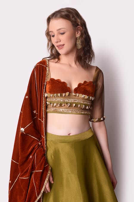 Shop_Shwetanga_Green Tissue, Velvet Sequin, Shell Scallop Lehenga Set With Embellished Blouse _Online_at_Aza_Fashions
