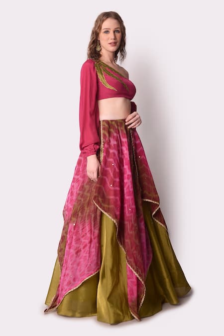 Shwetanga_Multi Color Crepe, Tissue Organza Tie Dye Asymmetric Lehenga And Blouse Set _Online_at_Aza_Fashions