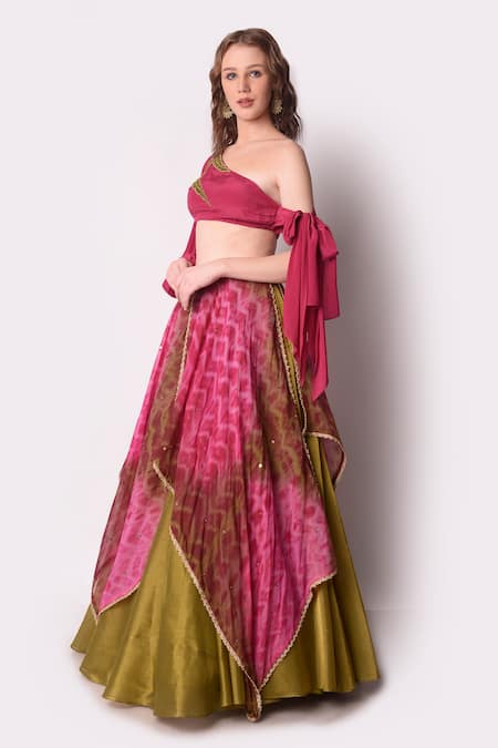 Buy_Shwetanga_Multi Color Crepe, Tissue Organza Tie Dye Asymmetric Lehenga And Blouse Set _Online_at_Aza_Fashions