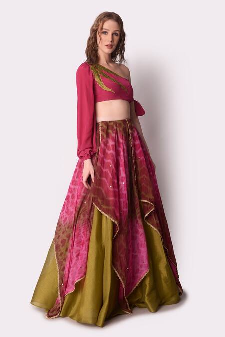 Shop_Shwetanga_Multi Color Crepe, Tissue Organza Tie Dye Asymmetric Lehenga And Blouse Set _Online_at_Aza_Fashions