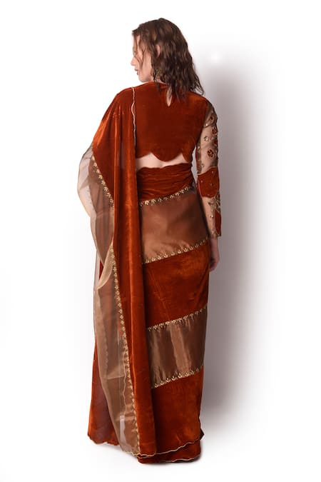 Shop_Shwetanga_Brown Tissue, Velvet Floral Round Embroidered Saree With Blouse _at_Aza_Fashions