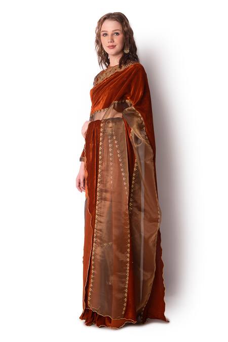 Shwetanga_Brown Tissue, Velvet Floral Round Embroidered Saree With Blouse _Online_at_Aza_Fashions
