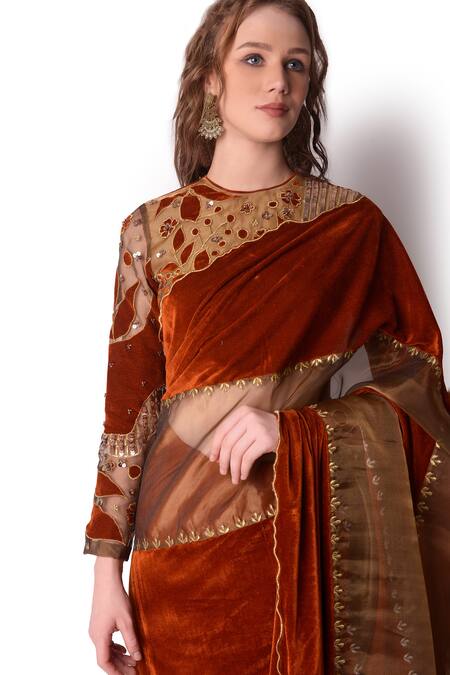 Buy_Shwetanga_Brown Tissue, Velvet Floral Round Embroidered Saree With Blouse _Online_at_Aza_Fashions