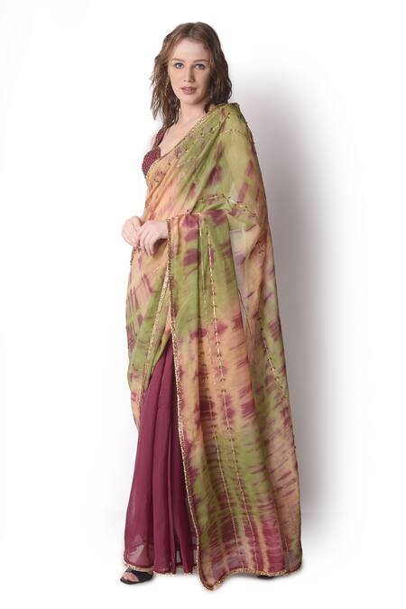 Shwetanga_Multi Color Organza, Chanderi Pipe, Sequin Sweetheart Tie Dye Saree With Blouse _Online_at_Aza_Fashions