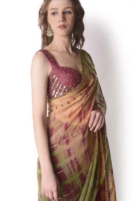 Buy_Shwetanga_Multi Color Organza, Chanderi Pipe, Sequin Sweetheart Tie Dye Saree With Blouse _Online_at_Aza_Fashions