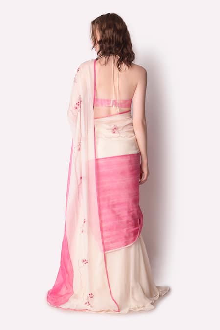 Shop_Shwetanga_Pink Organza Embroidery Pearl Scallop Neck Tie Dye Saree With Bustier _at_Aza_Fashions