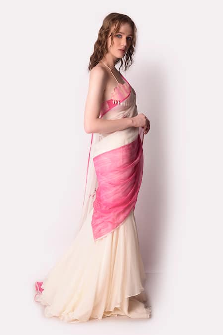 Shwetanga_Pink Organza Embroidery Pearl Scallop Neck Tie Dye Saree With Bustier _Online_at_Aza_Fashions