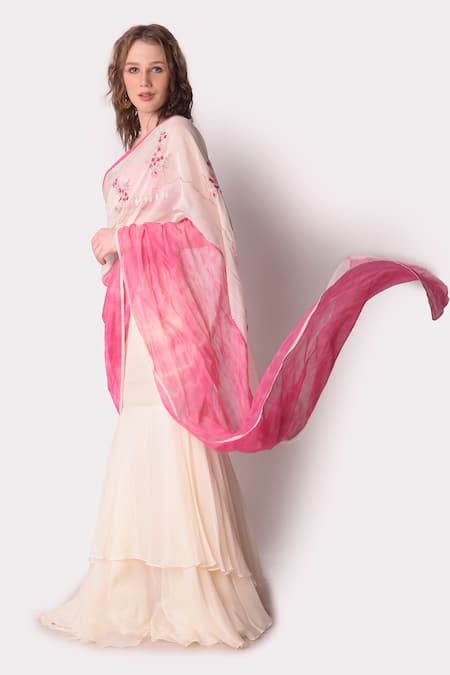 Buy_Shwetanga_Pink Organza Embroidery Pearl Scallop Neck Tie Dye Saree With Bustier _Online_at_Aza_Fashions