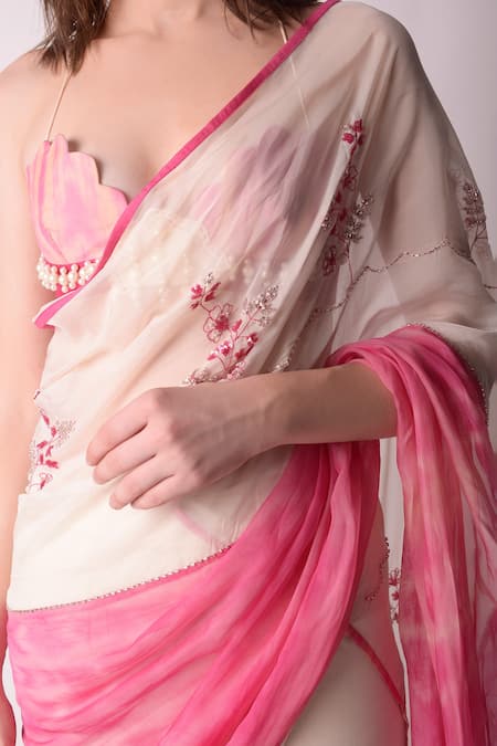 Shop_Shwetanga_Pink Organza Embroidery Pearl Scallop Neck Tie Dye Saree With Bustier _Online_at_Aza_Fashions