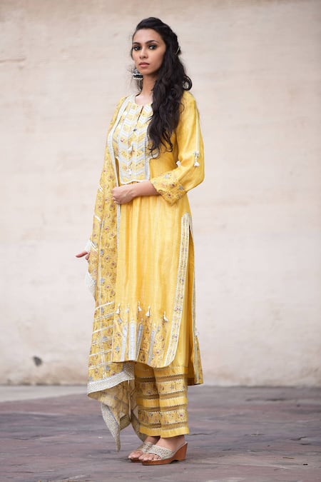 Shop_Simar Dugal_Yellow Chanderi Kurta Set  _at_Aza_Fashions