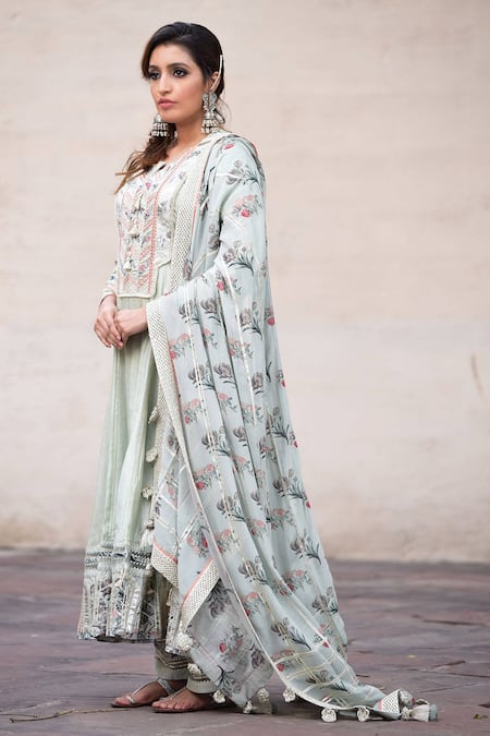 Shop_Simar Dugal_Blue Chanderi Anarkali Set  _at_Aza_Fashions