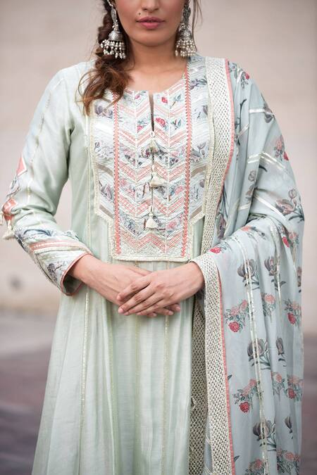 Simar Dugal_Blue Chanderi Anarkali Set  _Online_at_Aza_Fashions