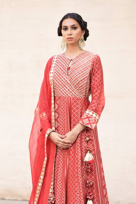 Simar Dugal_Red Printed Anarkali Set  _Online_at_Aza_Fashions