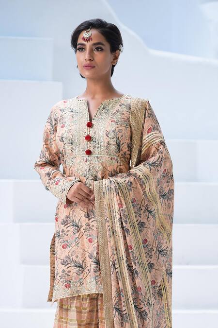 Simar Dugal_Peach Printed Kurta Set  _Online_at_Aza_Fashions