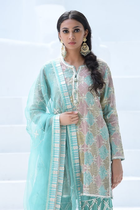 Simar Dugal_Blue Banarasi Patchwork Kurta Set _Online_at_Aza_Fashions