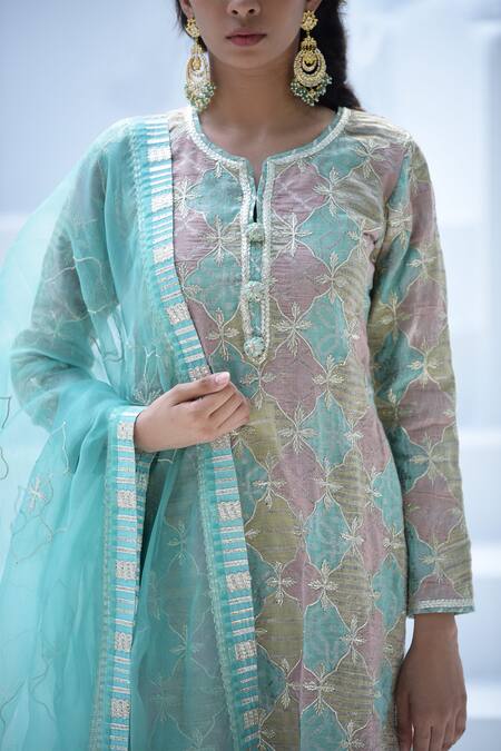 Buy_Simar Dugal_Blue Banarasi Patchwork Kurta Set _Online_at_Aza_Fashions