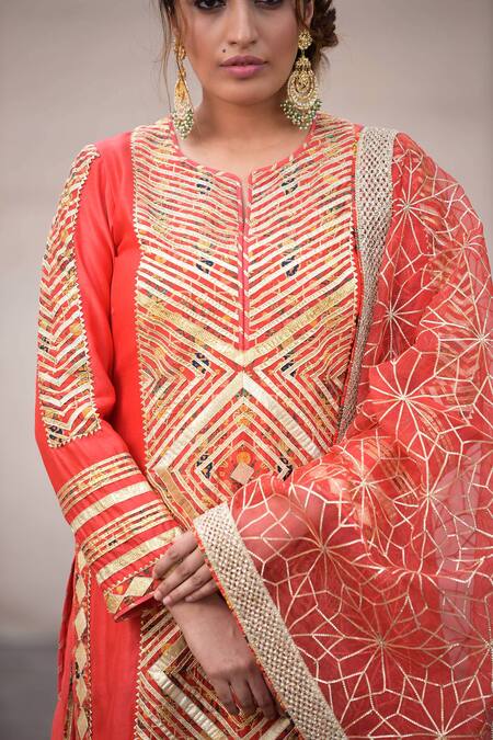 Simar Dugal_Orange Chanderi Kurta Set  _Online_at_Aza_Fashions