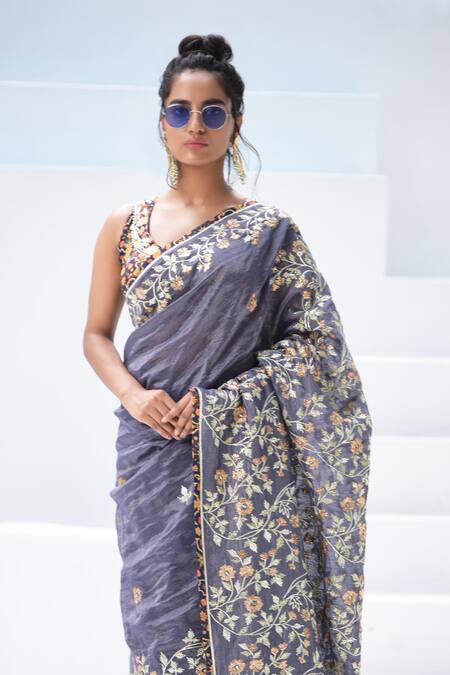 Simar Dugal_Blue Chanderi Saree With Blouse  _Online_at_Aza_Fashions