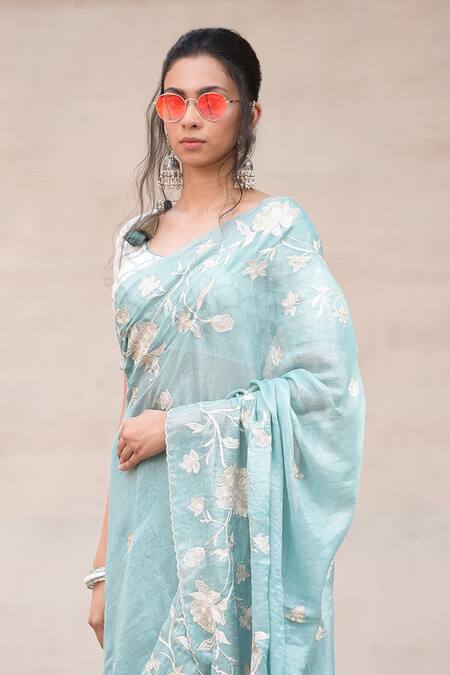 Simar Dugal_Blue Chanderi Saree With Blouse  _Online_at_Aza_Fashions