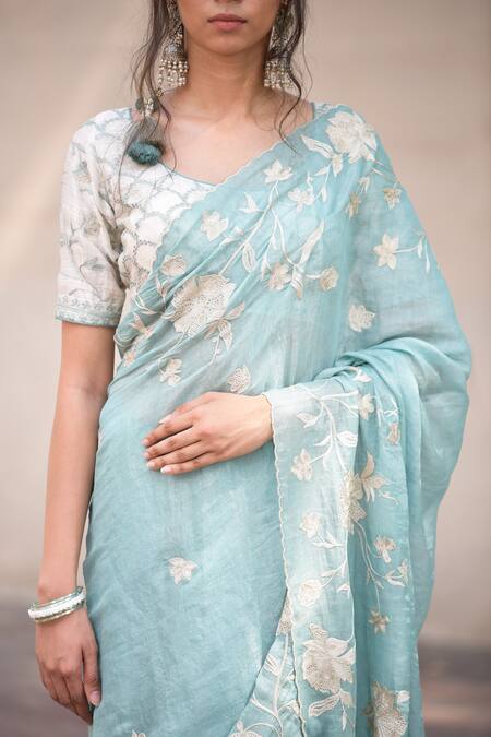 Buy_Simar Dugal_Blue Chanderi Saree With Blouse  _Online_at_Aza_Fashions