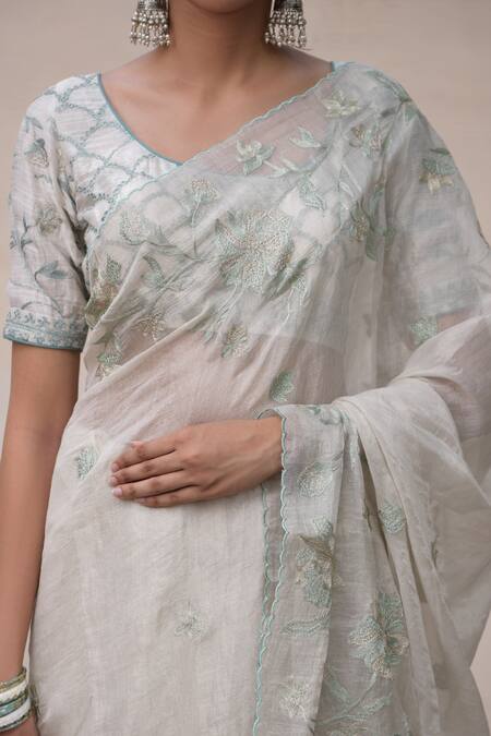 Simar Dugal_White Chanderi Saree With Blouse  _Online_at_Aza_Fashions