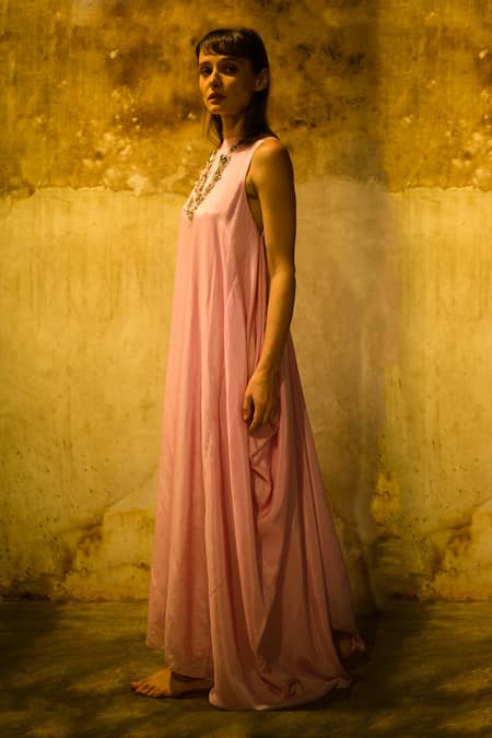 Buy_Stephany_Pink Cotton Silk Straight Maxi Dress _Online_at_Aza_Fashions