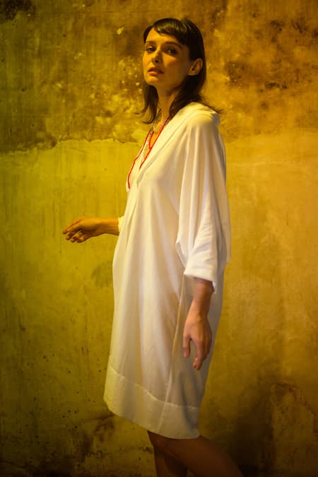 Stephany_White Cotton Satin V Neck Dress _Online_at_Aza_Fashions